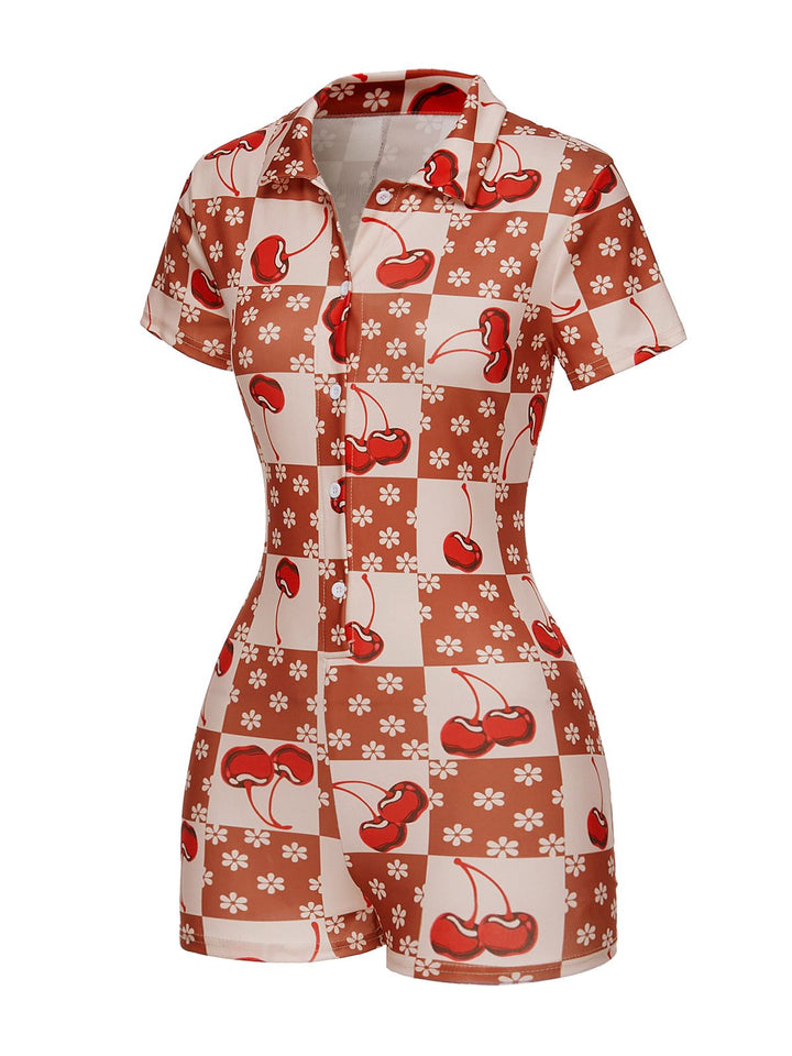Brown &amp; Red 1950s Cherry Checkerboard Lapel Romper: timeless 1950s elegance she makes her own