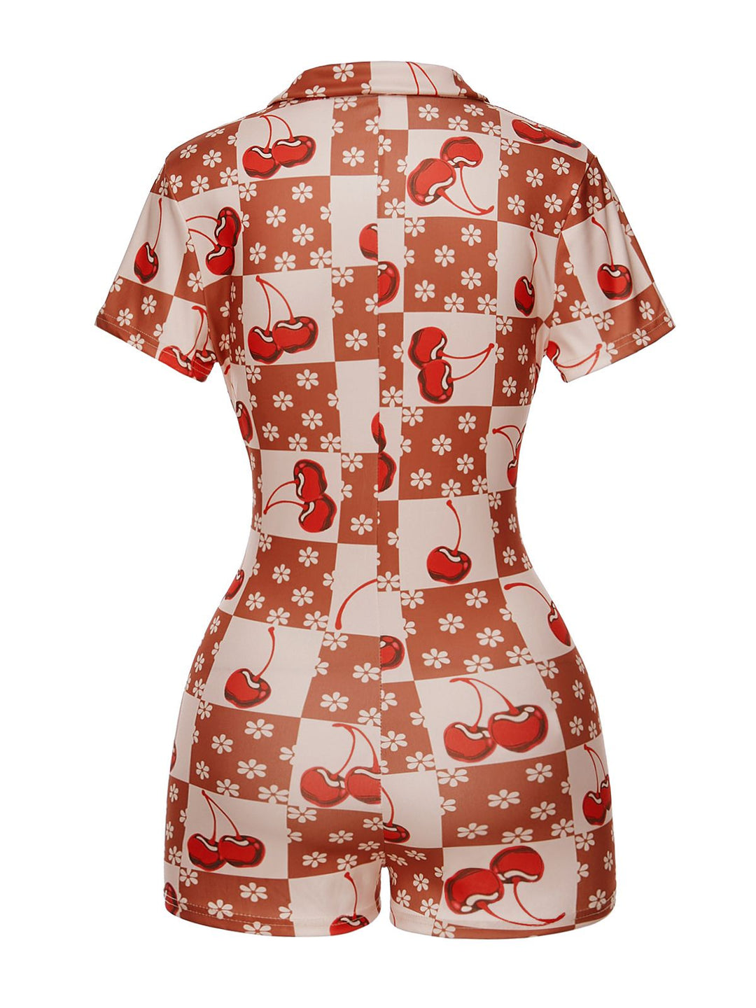 This Brown &amp; Red 1950s Cherry Checkerboard Lapel Romper whispers 1950s secrets to those who notice