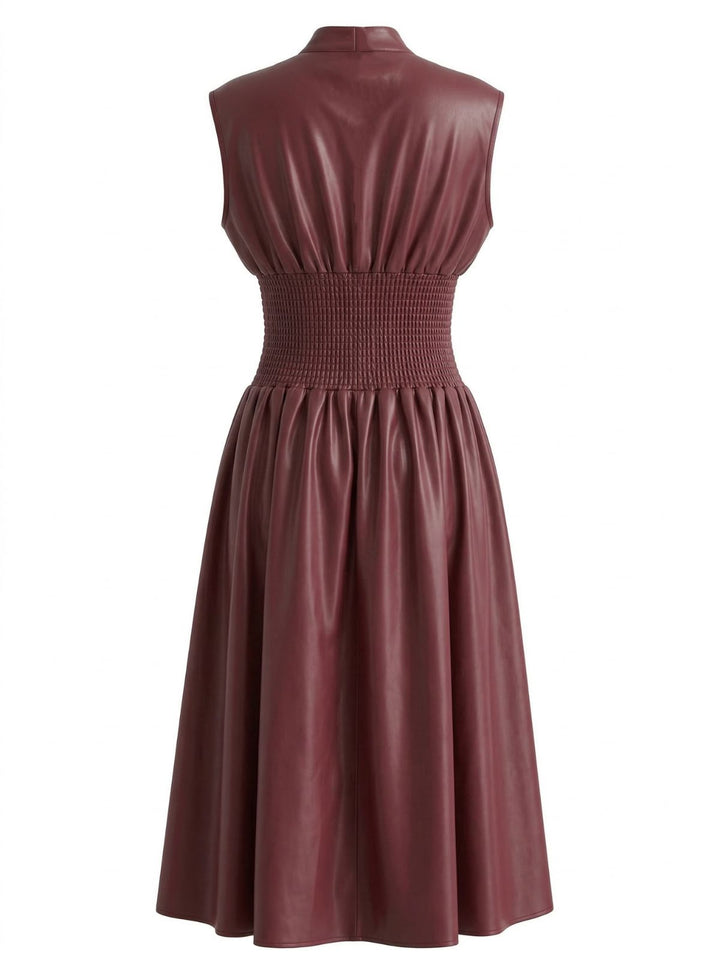 Burgundy 1940s Faux Leather Cap Sleeve Waisted Dress | vintage dress, retro fashion, elegant style - perfect for retro fashion enthusiasts