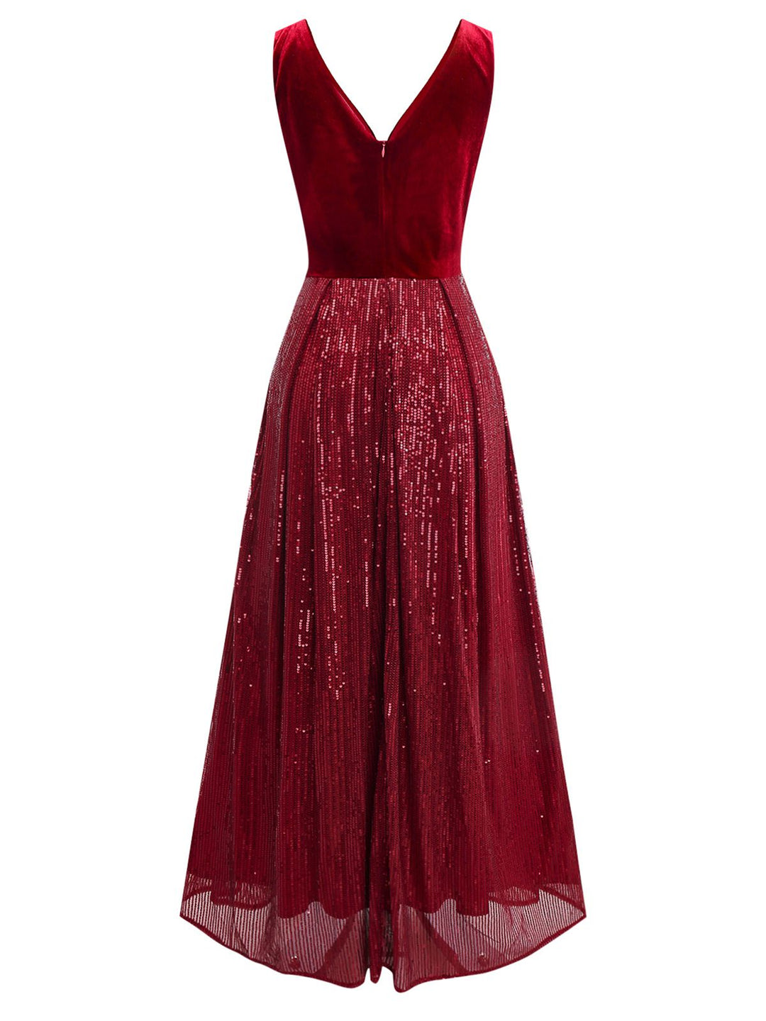 Burgundy 1950s Velvet Sequin V-Neck Maxi Dress - vintage dress, retro fashion, rockabilly