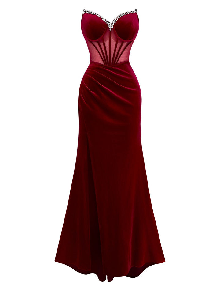 Burgundy 1980s Velvet Strapless Slit Dress - vintage dress, retro fashion