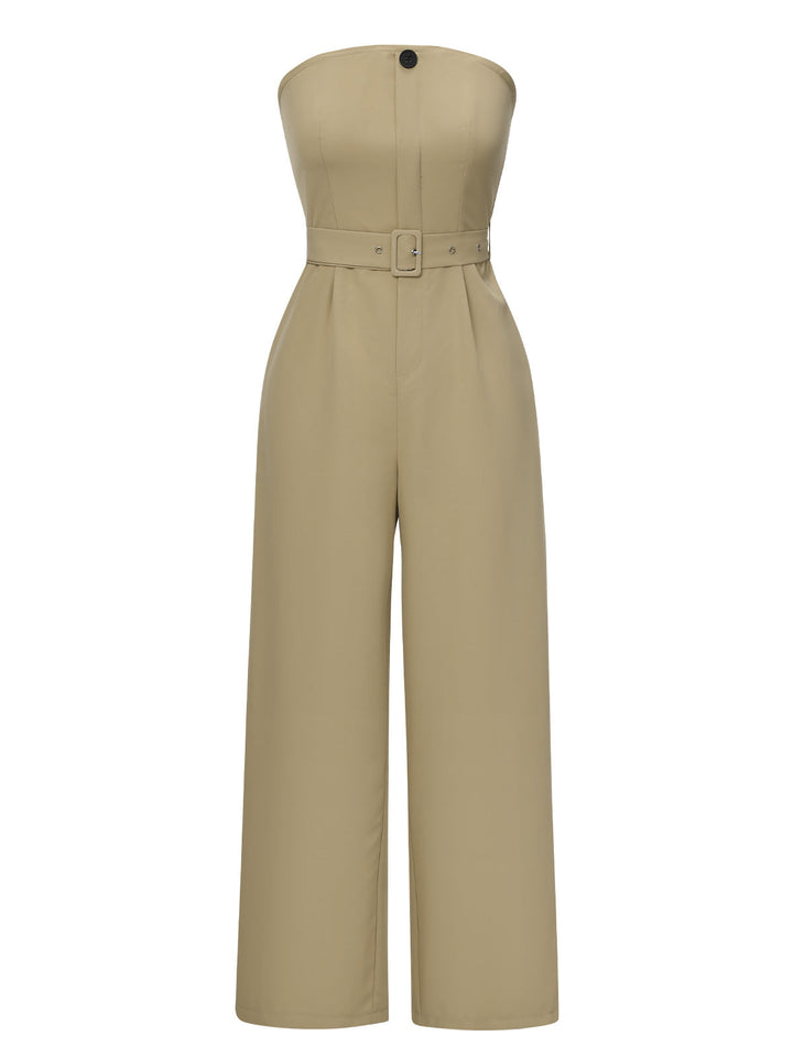 Camel 1930s Solid Strapless Belt Jumpsuit, vintage romper, retro jumpsuit - perfect for women who love vintage and retro fashion