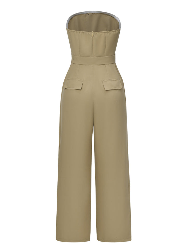 Camel 1930s Solid Strapless Belt Jumpsuit, vintage romper, retro jumpsuit - perfect for women who love vintage and retro fashion