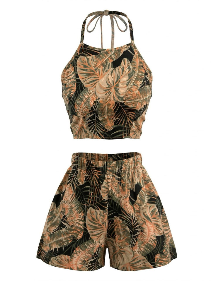 Camel 1980s Backless Halter Strapless Shorts Set - vintage fashion, retro style