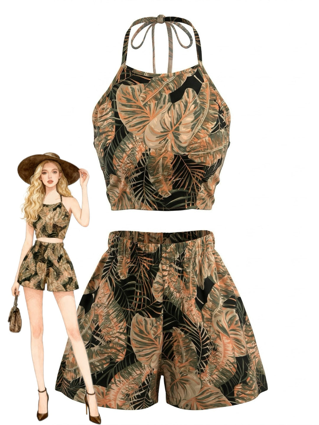 Camel 1980s Backless Halter Strapless Shorts Set - vintage fashion, retro style
