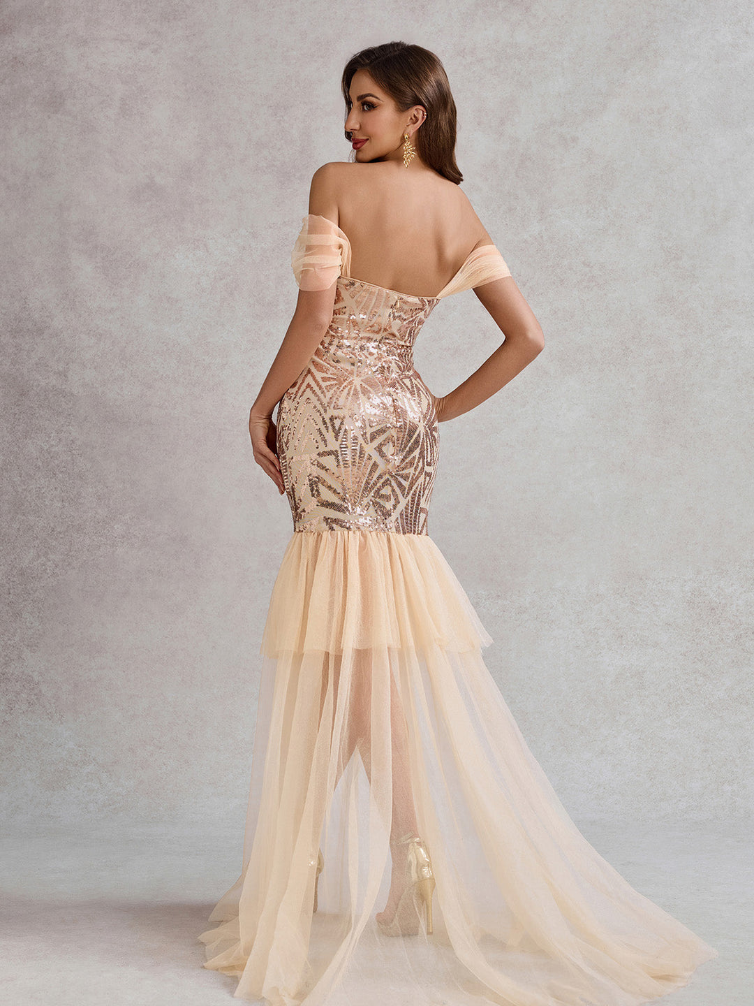 Champagne 1920s Off-Shoulder Sequined Mesh Dress - vintage dress, retro fashion, Gatsby party