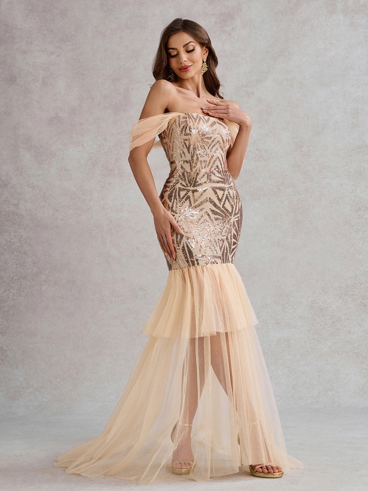 Champagne 1920s Off-Shoulder Sequined Mesh Dress - vintage dress, retro fashion, Gatsby party