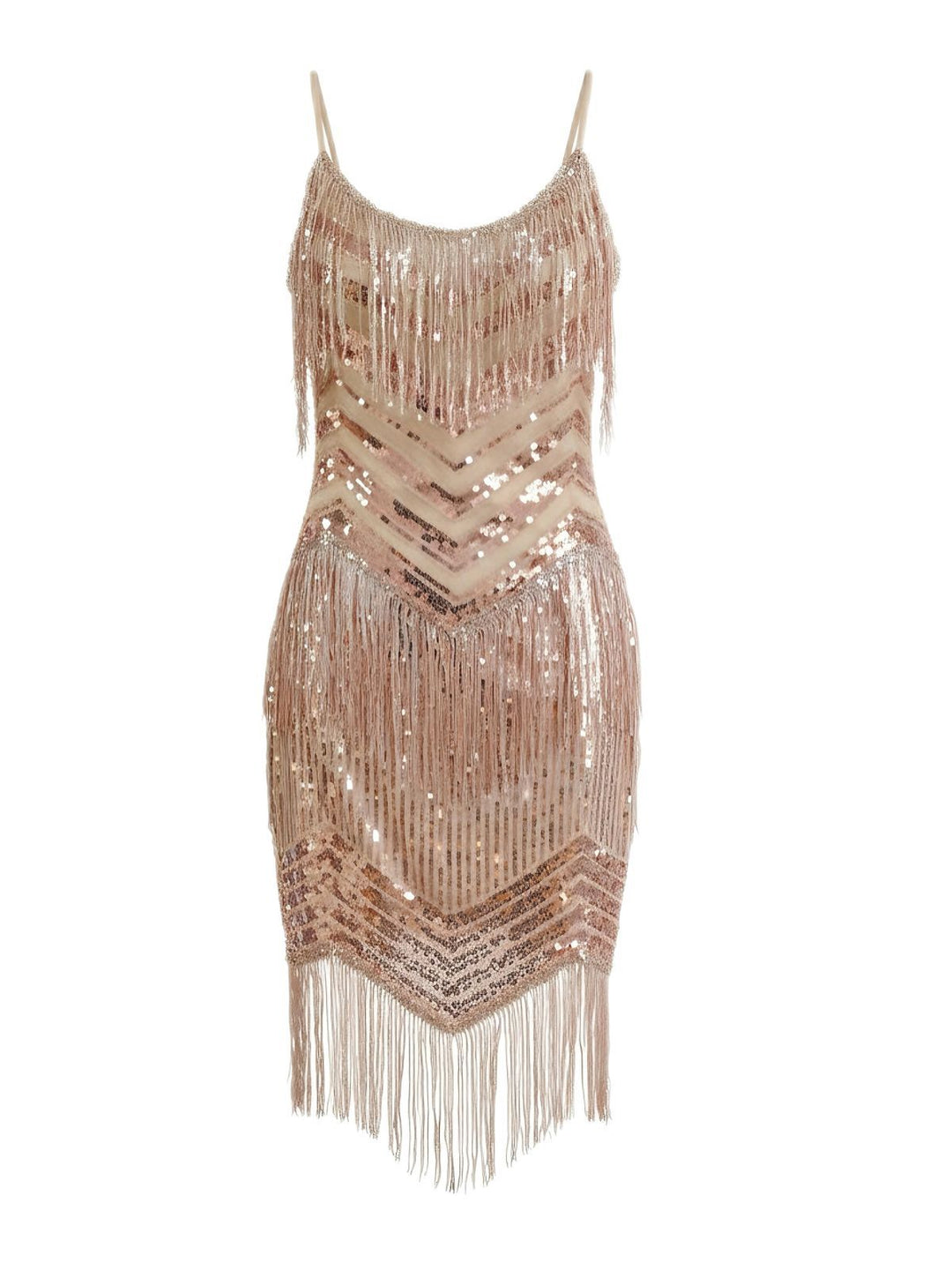 Champagne 1920s Spaghetti Strap Fringe Sequined Dress, vintage dress, retro fashion, Gatsby party, flapper style - perfect for women who love vintage and retro fashion