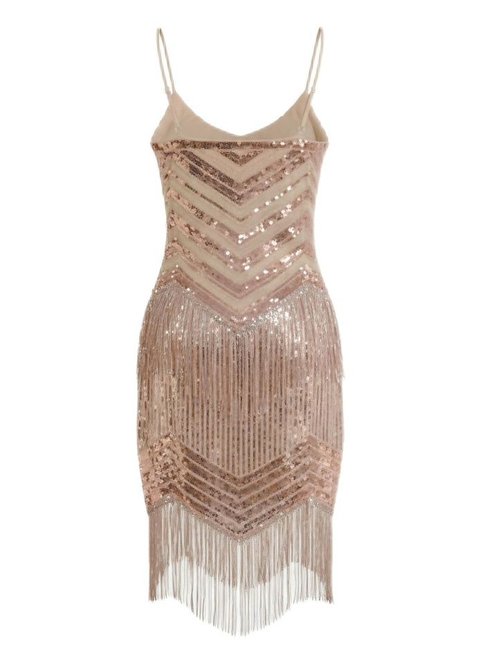 Champagne 1920s Spaghetti Strap Fringe Sequined Dress, vintage dress, retro fashion, Gatsby party, flapper style - perfect for women who love vintage and retro fashion