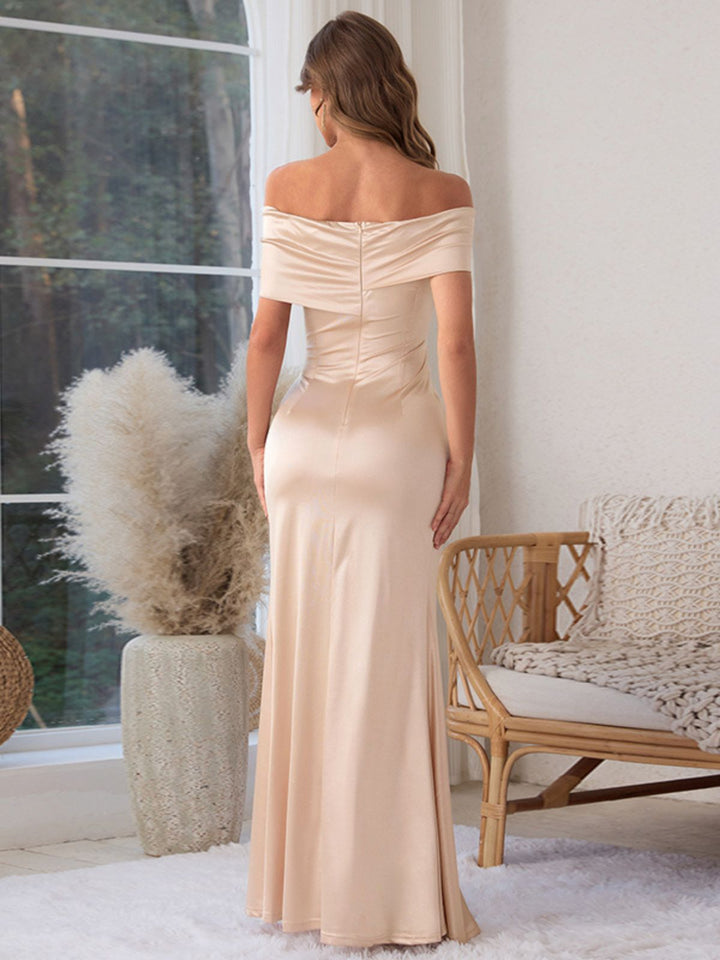 Champagne 1930s Off Shoulder Slit Satin Dress - vintage dress, retro fashion