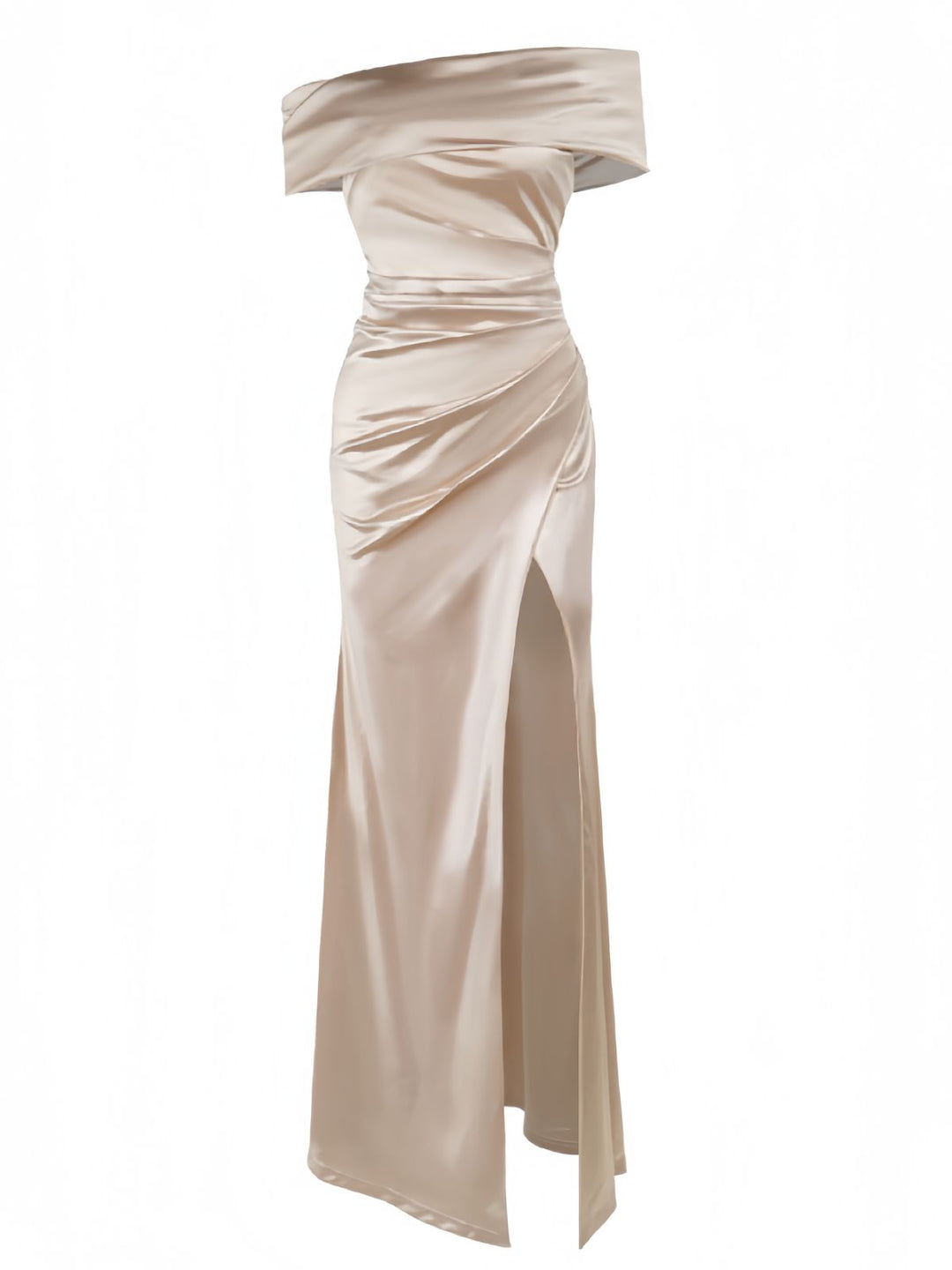 Champagne 1930s Off Shoulder Slit Satin Dress - vintage dress, retro fashion