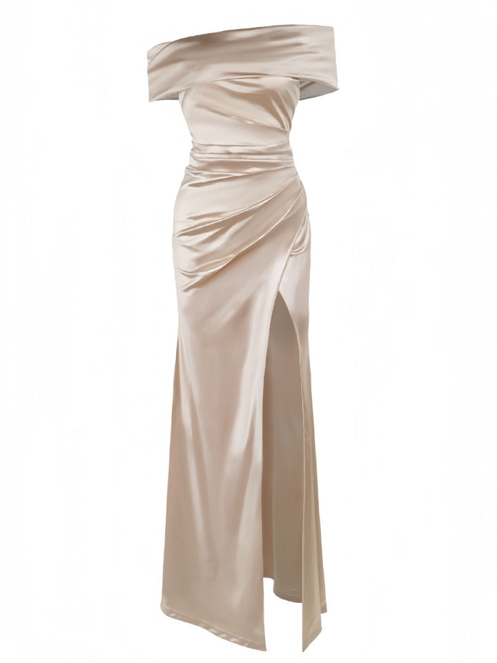 Champagne 1930s Off Shoulder Slit Satin Dress - vintage dress, retro fashion