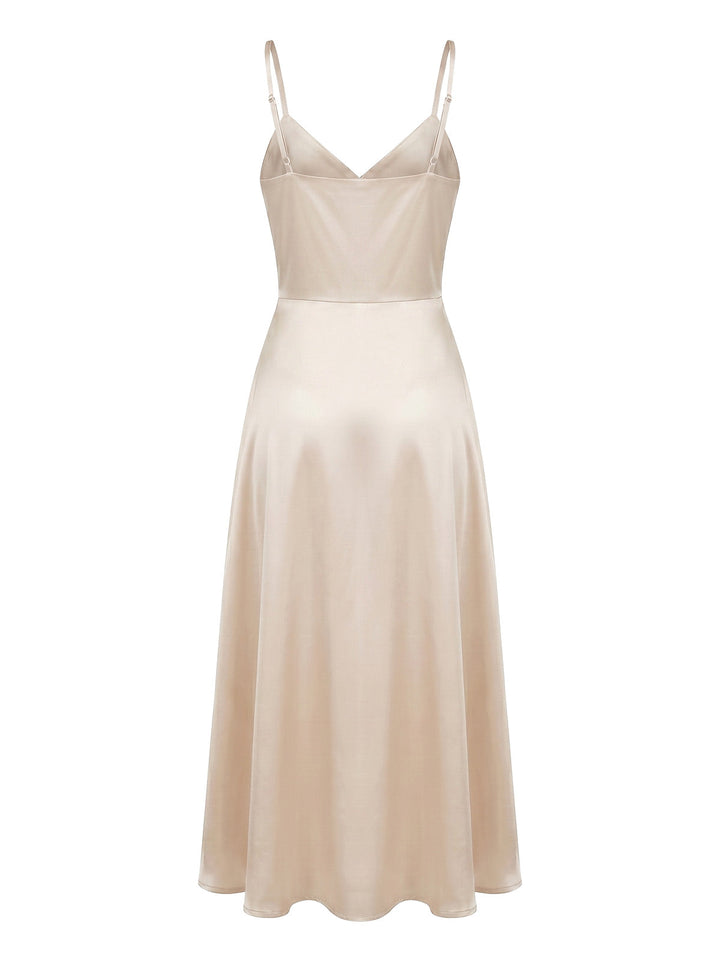 Champagne 1930s Satin V-Neck Belted Spaghetti Strap Dress, vintage dress, retro fashion - perfect for women who love vintage and retro fashion