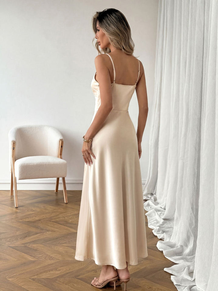 Champagne 1930s Satin V-Neck Belted Spaghetti Strap Dress, vintage dress, retro fashion - perfect for women who love vintage and retro fashion