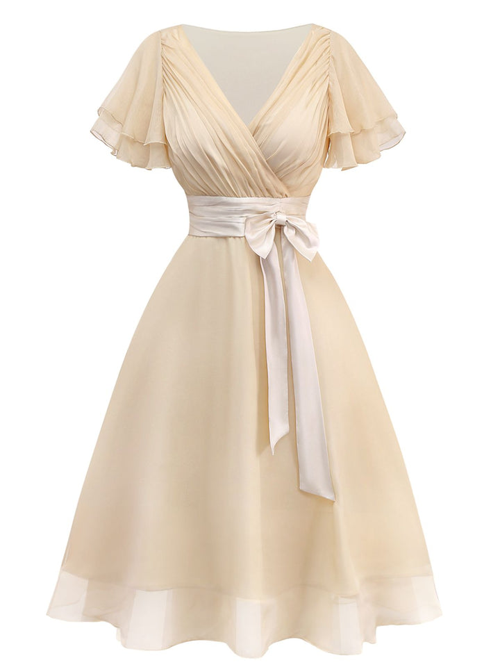 Champagne 1950s Satin Belt Tulle Cocktail Dress - vintage dress, retro fashion, rockabilly