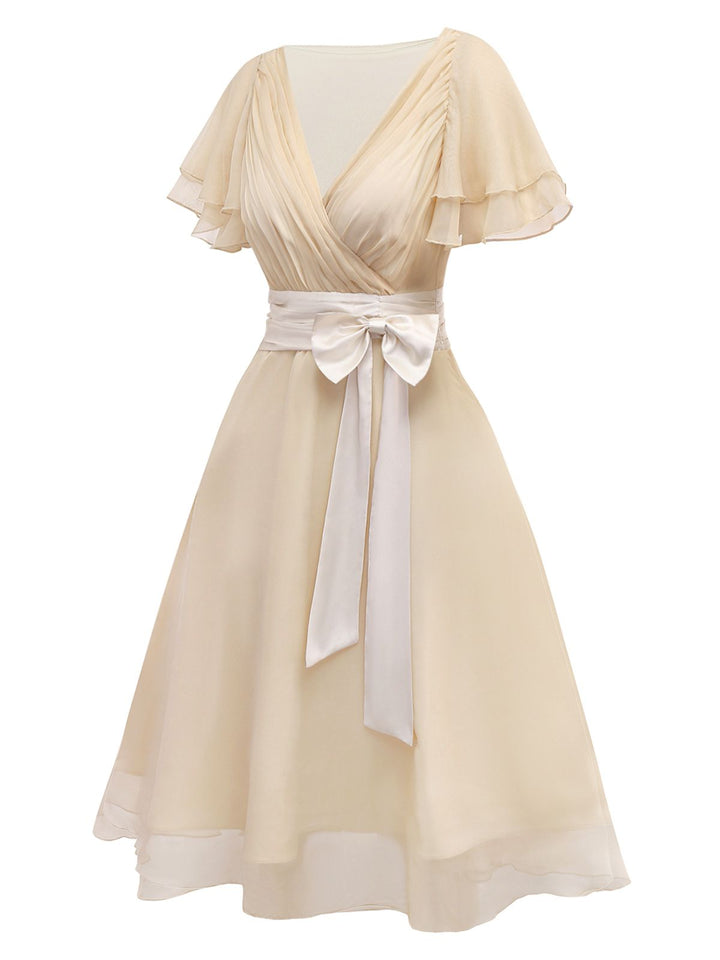 Champagne 1950s Satin Belt Tulle Cocktail Dress - vintage dress, retro fashion, rockabilly