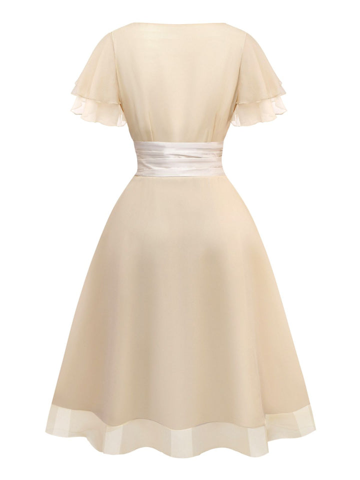 Champagne 1950s Satin Belt Tulle Cocktail Dress - vintage dress, retro fashion, rockabilly