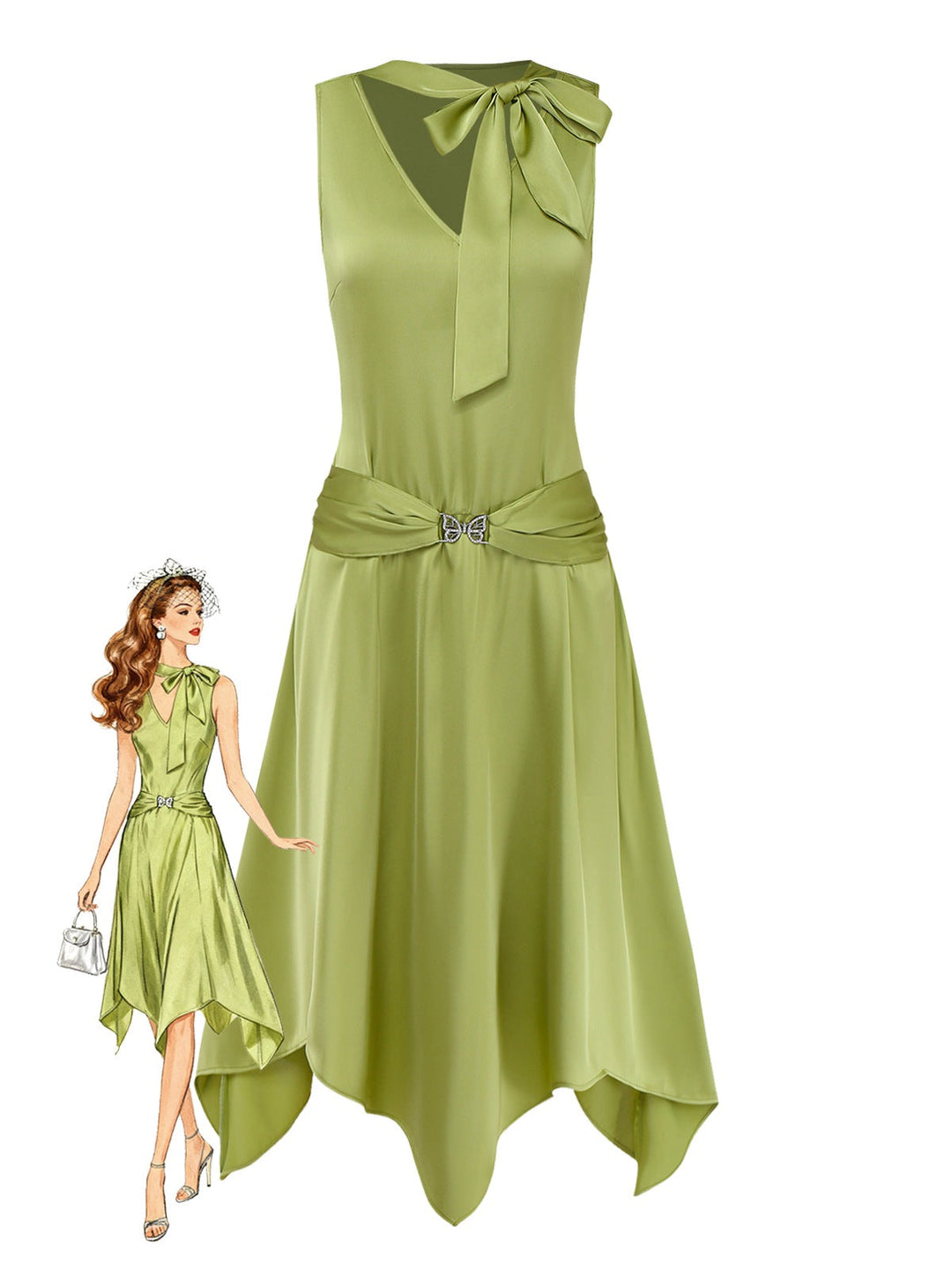 Chartreuse 1920s Shimmering Handkerchief Hem Dress - vintage dress, retro fashion, Gatsby party