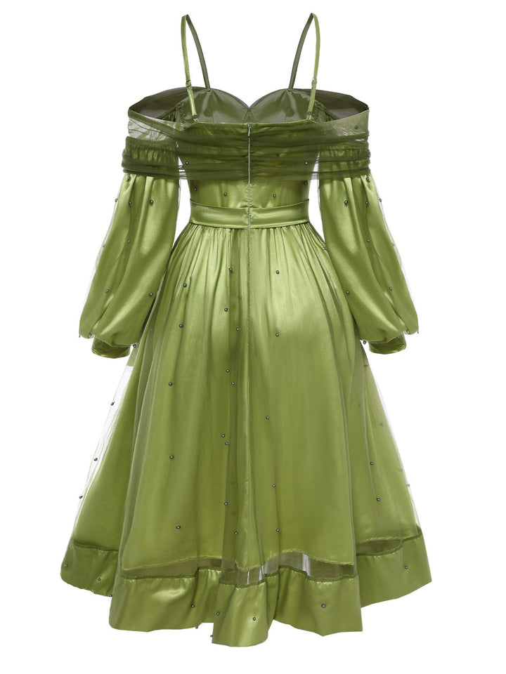 Chartreuse 1950s Pearl Mesh Patchwork Satin Dress - vintage dress, retro fashion, rockabilly