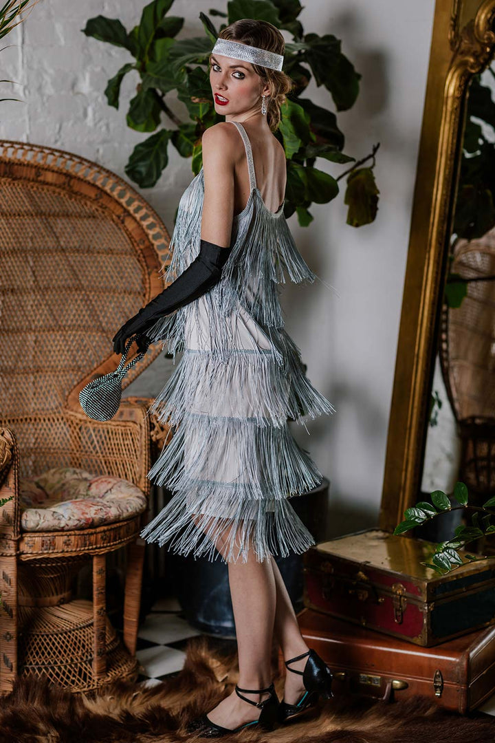 [Clearance] Belted Gray 1920s Fringe Gatsby Dress — a 1920s silhouette that turns sidewalks into runways