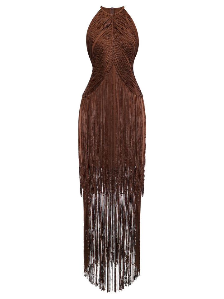 Coffee 1920s Solid Fringe Halter Sleeveless Dress - vintage dress, retro fashion, Gatsby party
