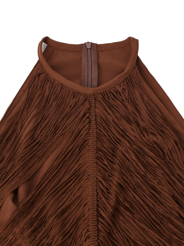 Coffee 1920s Solid Fringe Halter Sleeveless Dress - vintage dress, retro fashion, Gatsby party