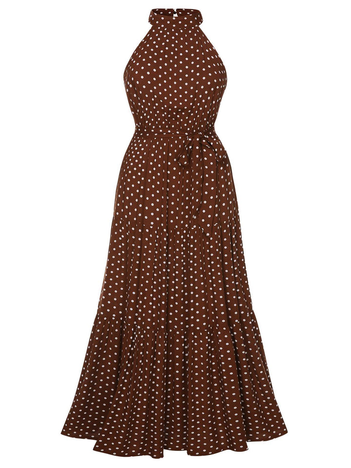 Coffee 1940s Crew Halter Polka Dot Dress, vintage dress, retro fashion - perfect for women who love vintage and retro fashion