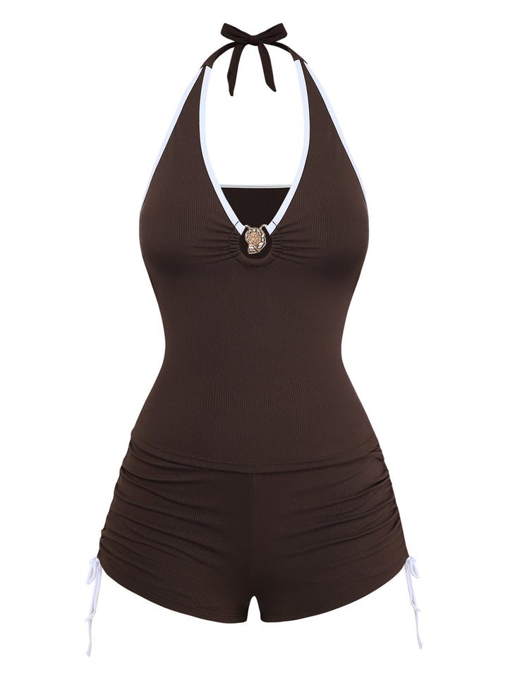 Coffee Halter Drawstring Ruched Tankini Set - vintage fashion, retro style