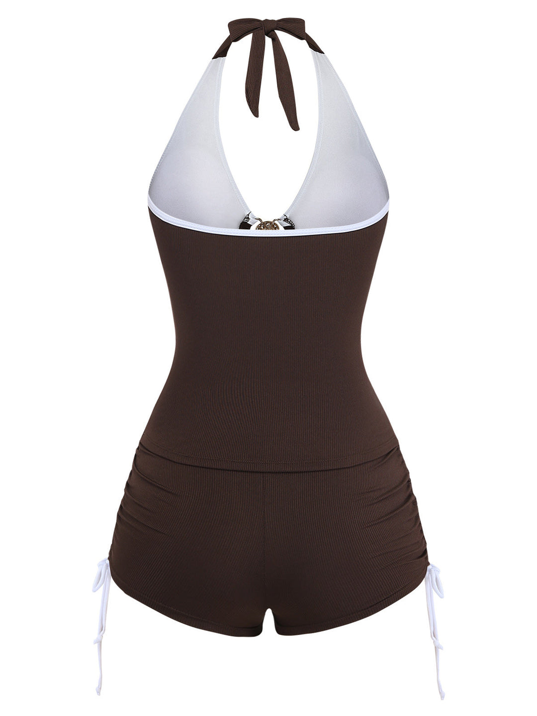 Coffee Halter Drawstring Ruched Tankini Set - vintage fashion, retro style