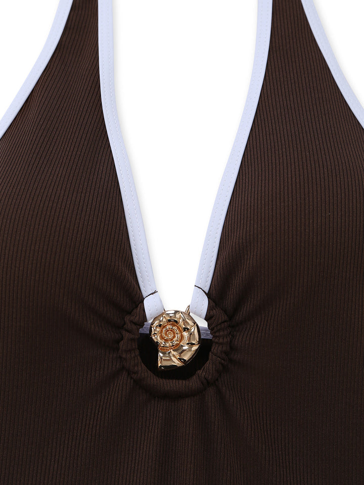 Coffee Halter Drawstring Ruched Tankini Set - vintage fashion, retro style