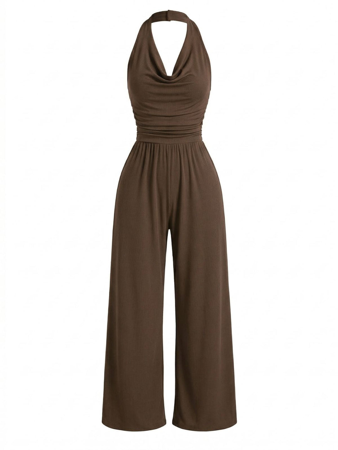 Coffee 1950s Solid Ribbed Cowl Neck Halter Backless Jumpsuit - vintage romper, retro jumpsuit for vintage lovers