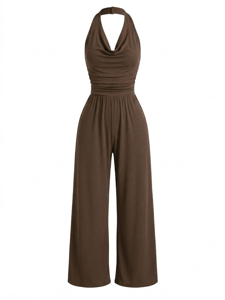 Coffee 1950s Solid Ribbed Cowl Neck Halter Backless Jumpsuit - vintage romper, retro jumpsuit for vintage lovers