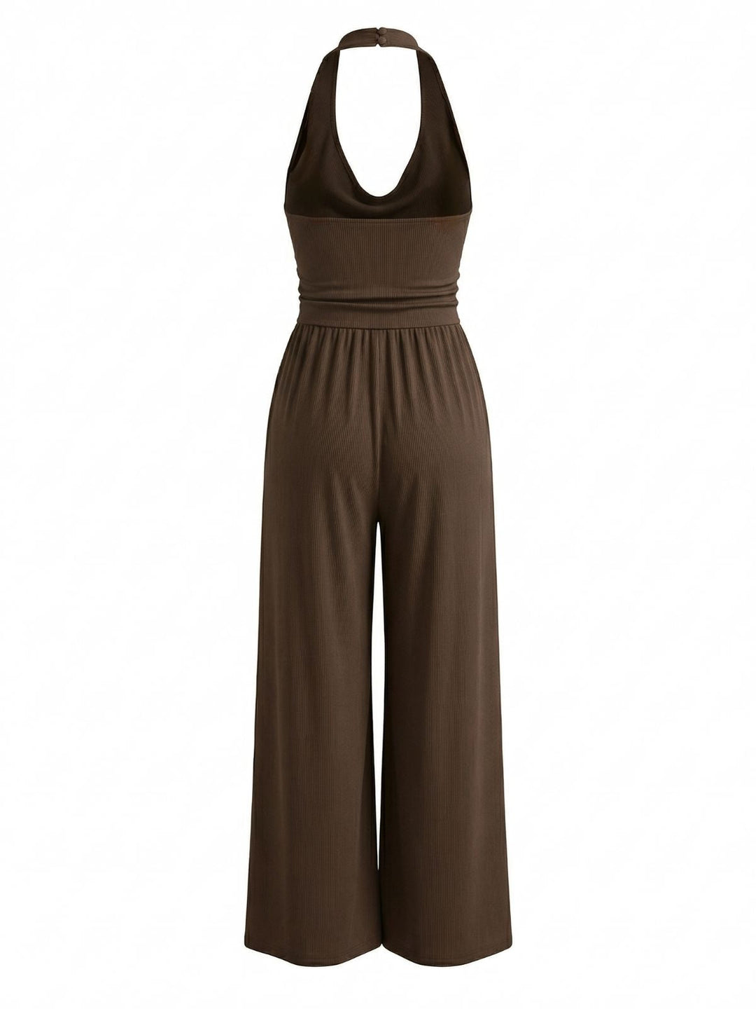 Coffee 1950s Solid Ribbed Cowl Neck Halter Backless Jumpsuit - vintage romper, retro jumpsuit for vintage lovers