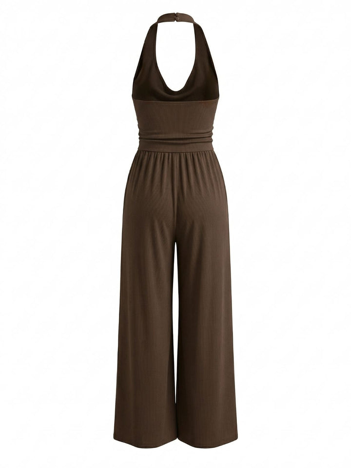 Coffee 1950s Solid Ribbed Cowl Neck Halter Backless Jumpsuit - vintage romper, retro jumpsuit for vintage lovers