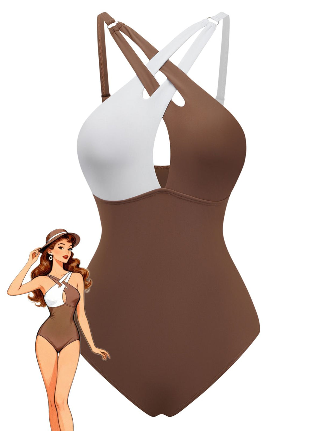Brown Color Block Cross Front Tankini Swimsuit, vintage swimsuit, swimwear - perfect for women who love vintage and retro fashion