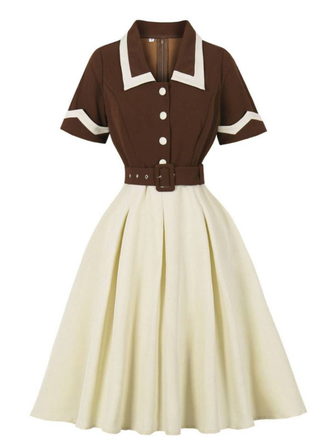 Coffee &amp; Beige 1950s Contrast Lapel Belted Dress - vintage dress, retro fashion, rockabilly