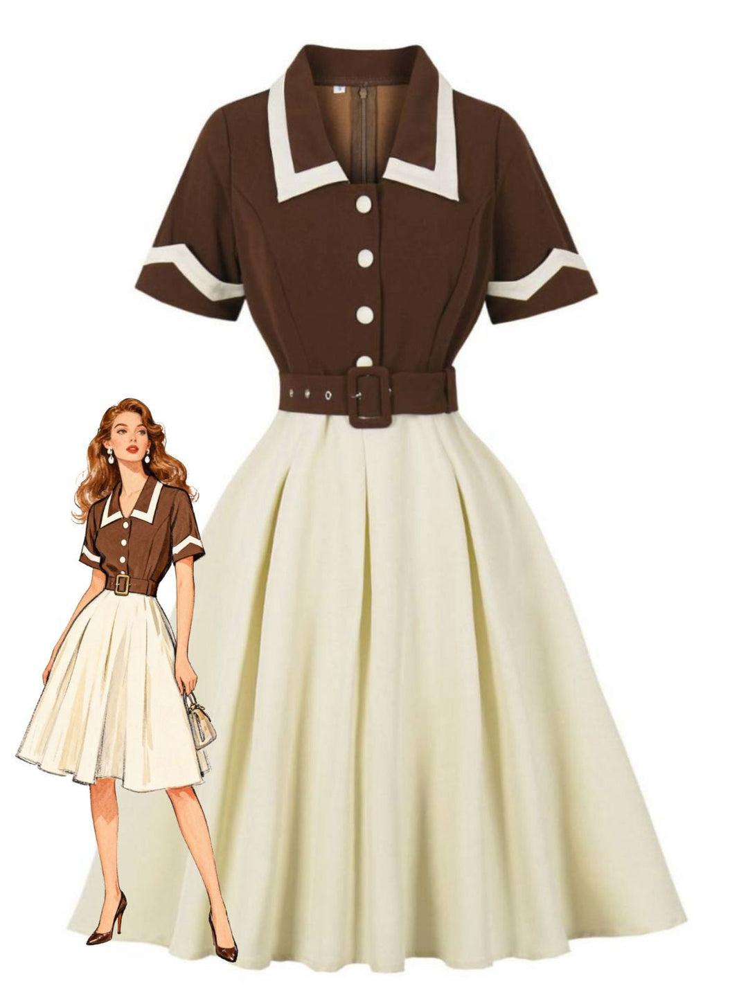 Coffee &amp; Beige 1950s Contrast Lapel Belted Dress - vintage dress, retro fashion, rockabilly