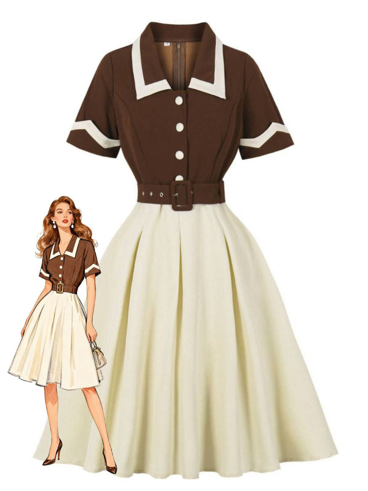Coffee &amp; Beige 1950s Contrast Lapel Belted Dress - vintage dress, retro fashion, rockabilly