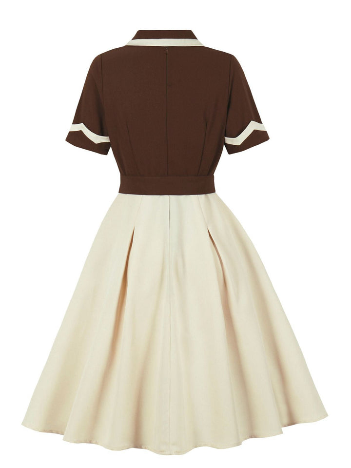 Coffee &amp; Beige 1950s Contrast Lapel Belted Dress - vintage dress, retro fashion, rockabilly