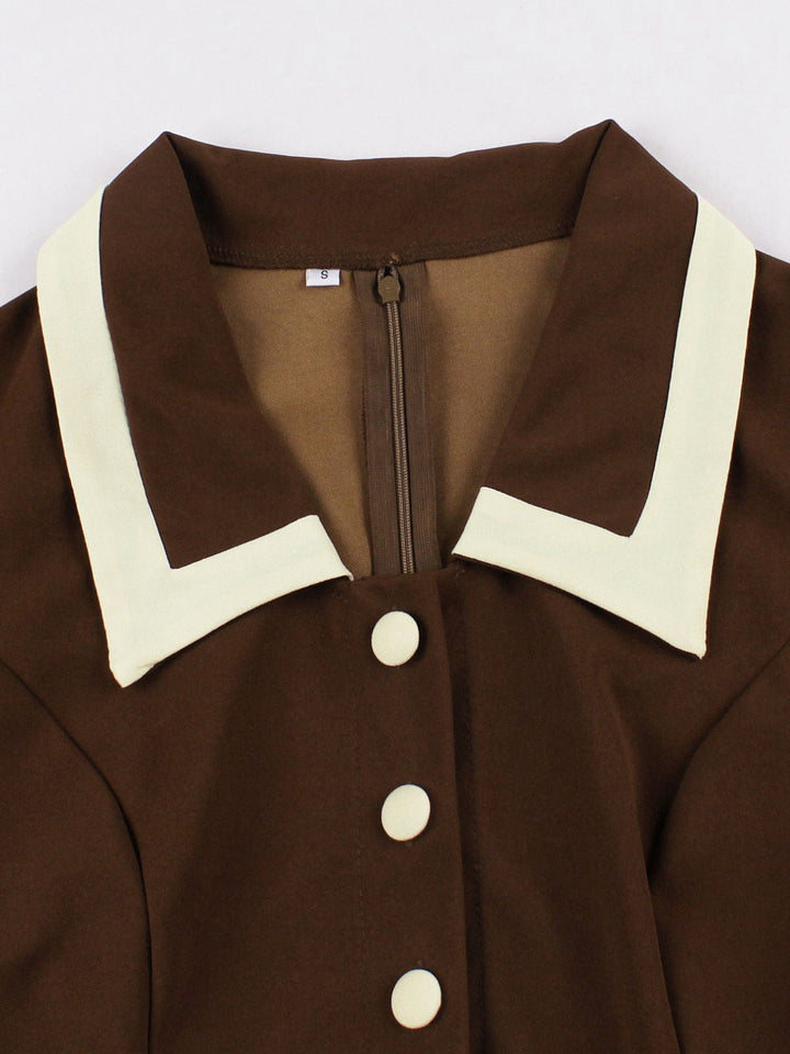 Coffee &amp; Beige 1950s Contrast Lapel Belted Dress - vintage dress, retro fashion, rockabilly