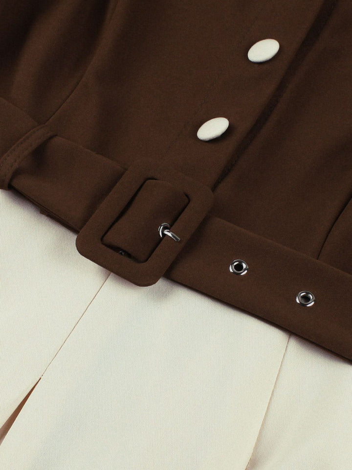 Coffee &amp; Beige 1950s Contrast Lapel Belted Dress - vintage dress, retro fashion, rockabilly