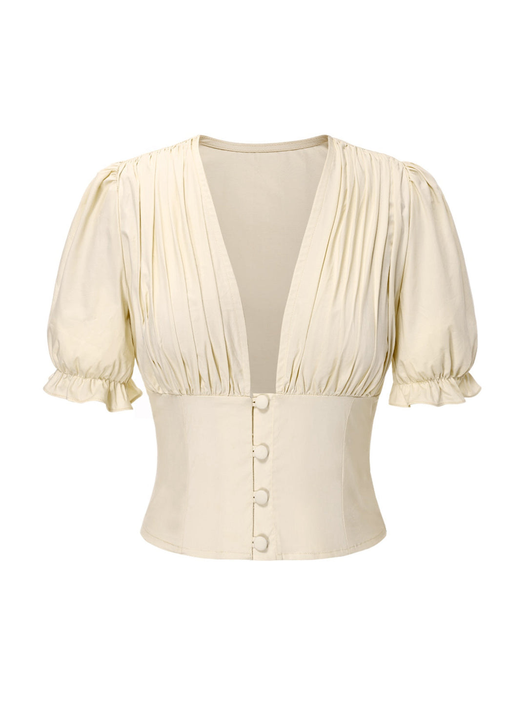 Cream 1940s Cotton Deep V-Neck Ruched Top - vintage fashion, retro style