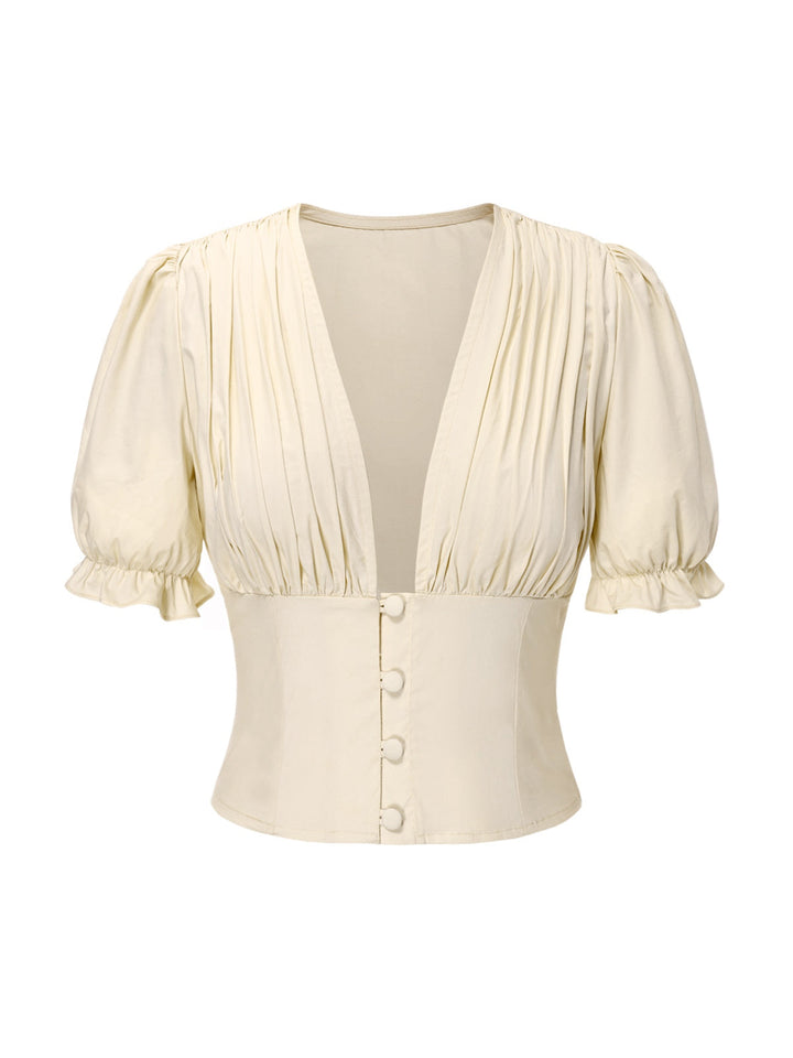 Cream 1940s Cotton Deep V-Neck Ruched Top - vintage fashion, retro style