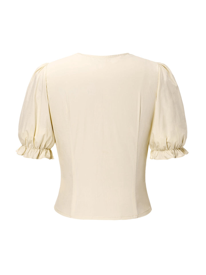 Cream 1940s Cotton Deep V-Neck Ruched Top - vintage fashion, retro style