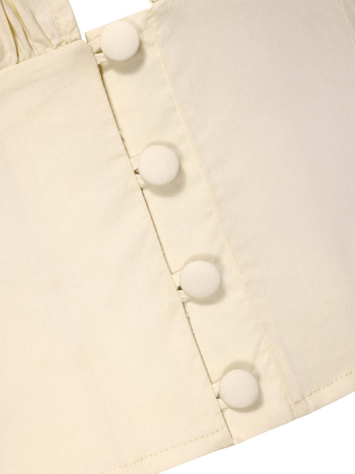 Cream 1940s Cotton Deep V-Neck Ruched Top - vintage fashion, retro style