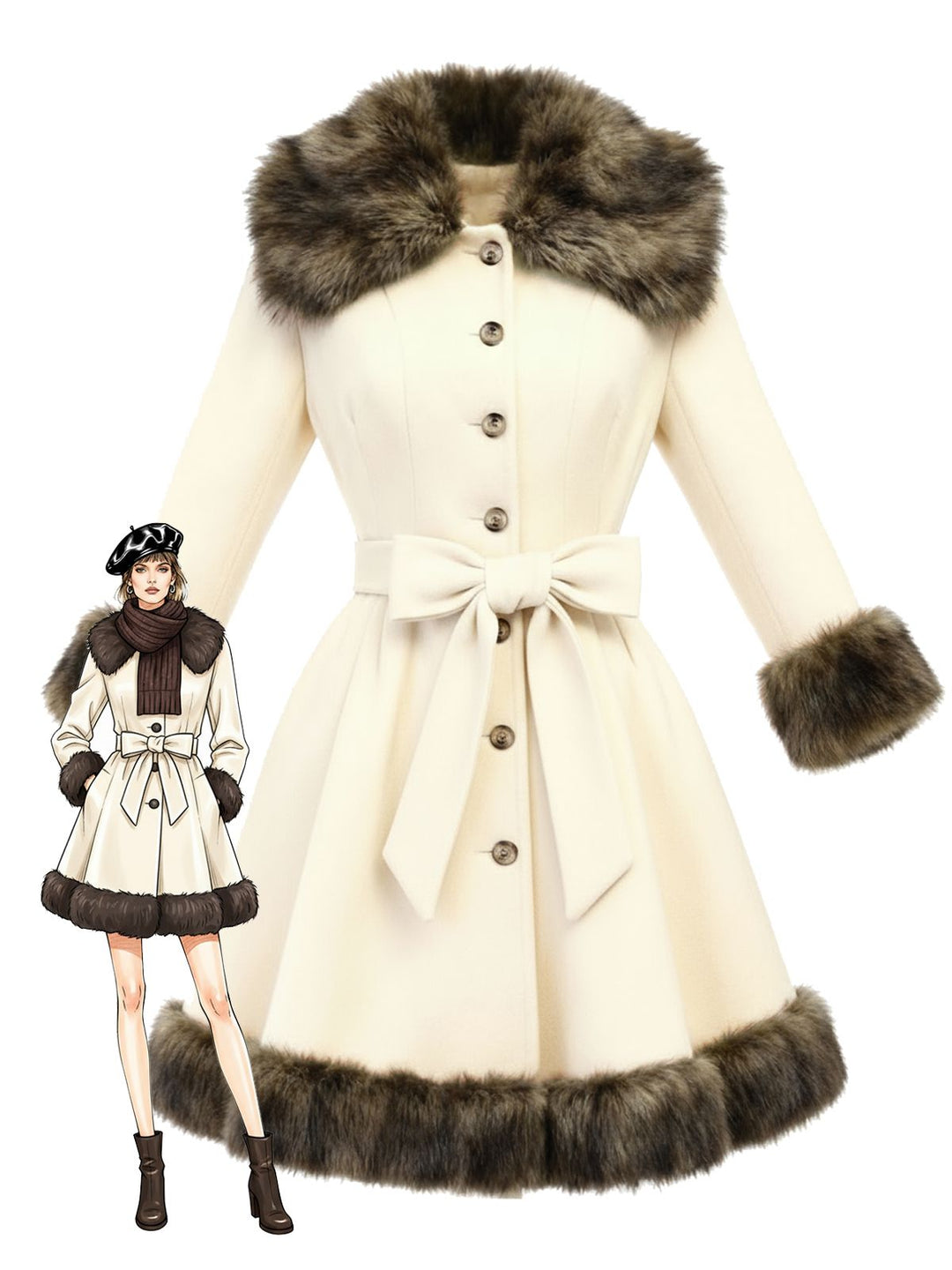 Cream 1950s Fur Collar Patchwork Coat - vintage fashion, style