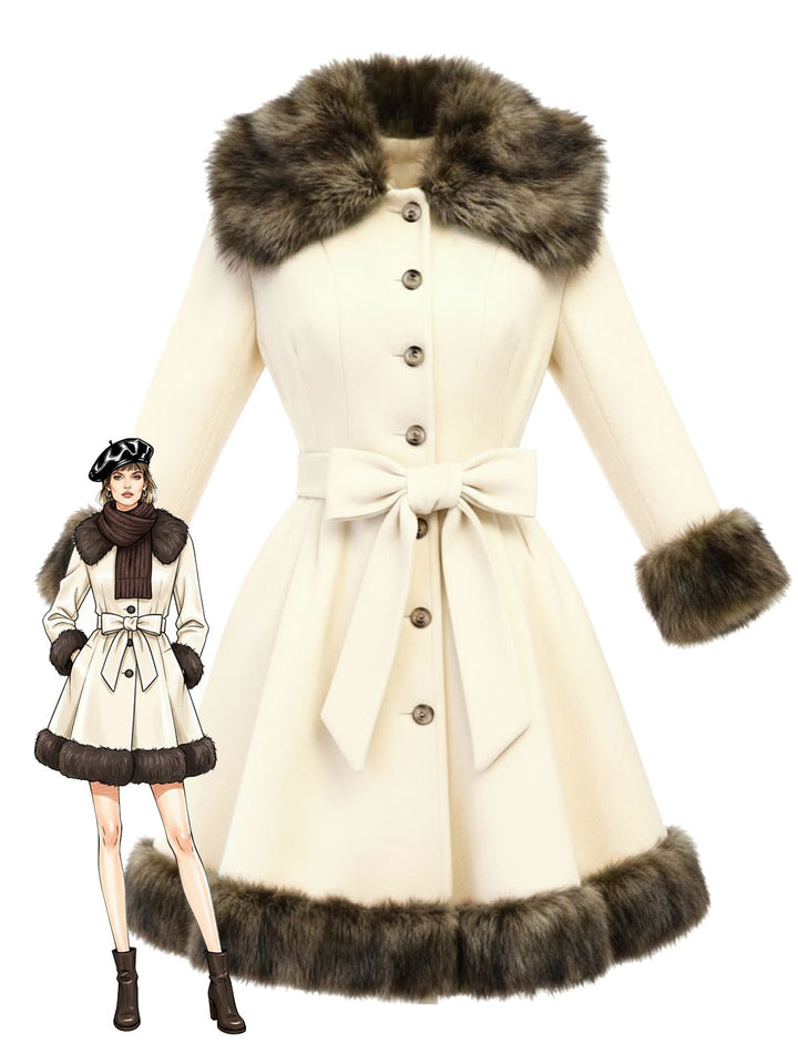 Cream 1950s Fur Collar Patchwork Coat - vintage fashion, style