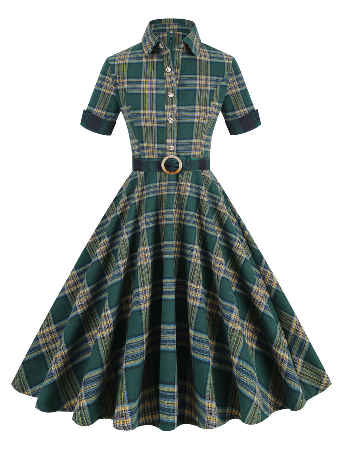 She slips into this Dark Army Green 1950s Lapel Plaid Dress and suddenly it&