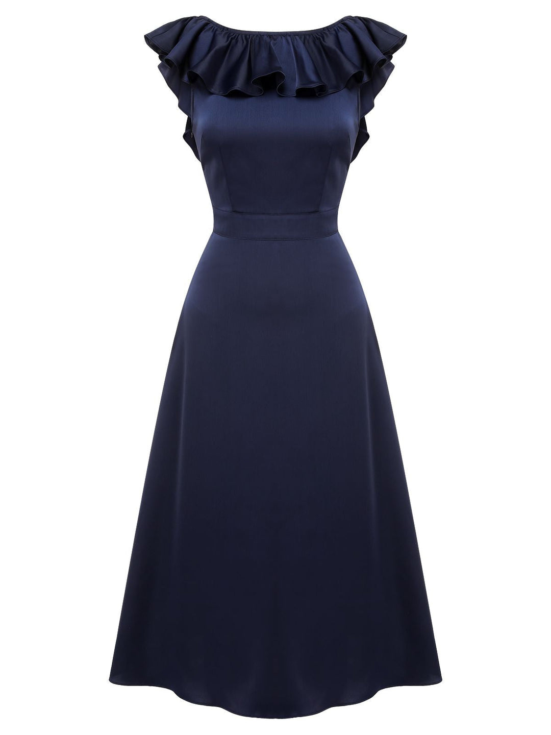 Dark Blue 1930s Flounce Sleeve Cowl Neck Trumpet Dress, vintage dress, retro fashion - perfect for women who love vintage and retro fashion