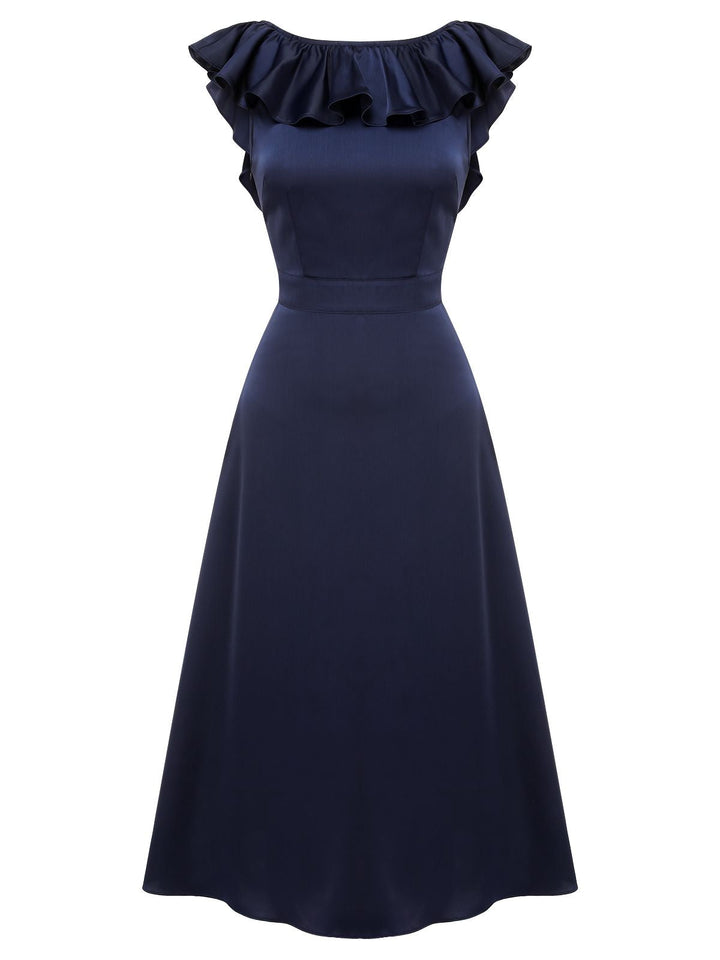 Dark Blue 1930s Flounce Sleeve Cowl Neck Trumpet Dress, vintage dress, retro fashion - perfect for women who love vintage and retro fashion